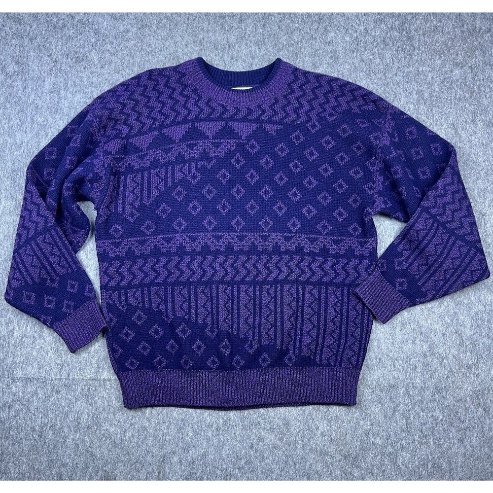 Vtg Campus Men's Knit Sweater Long Sleeve Purple Geometric Abstract USA Size XL